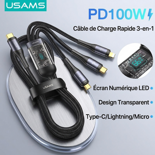 Câble de Charge 3-en-1 – Puissance 100W Charge Rapide