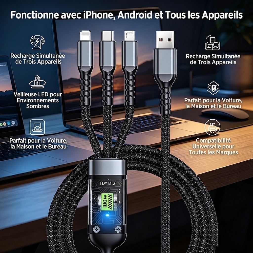 Câble de Charge 3-en-1 – Puissance 100W Charge Rapide